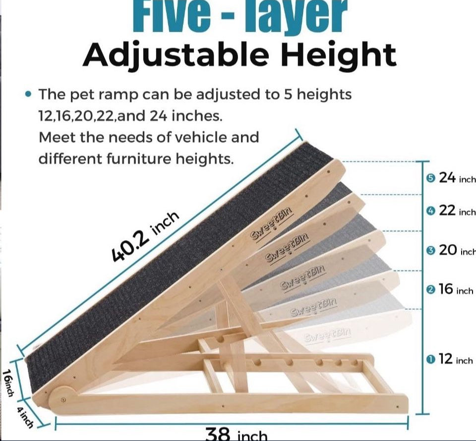 Open Box New Wooden SweetBin Adjustable Pet Ramp for Dogs and Cats - Non Slip Carpet Surface and Foot Pads - 41" Long and Adjustable from 12" to 24"