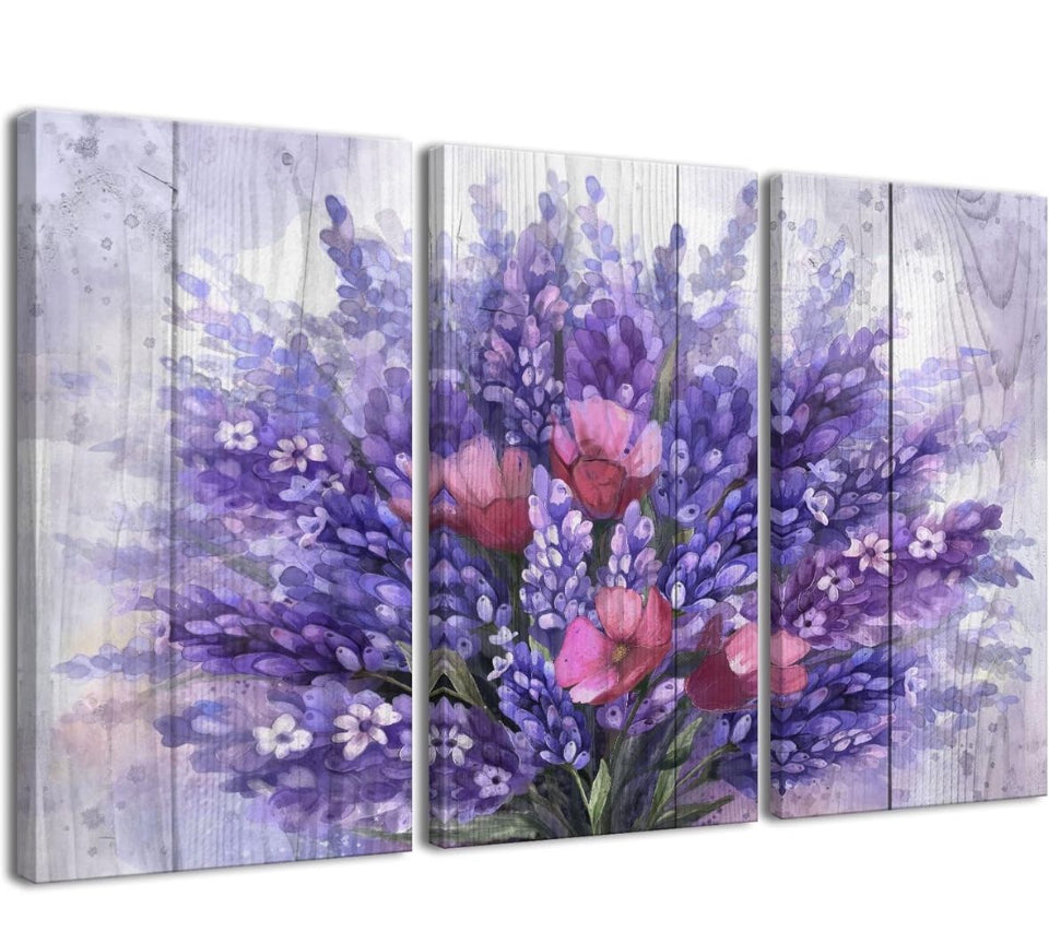 Three-piece flower wall art with purple lavender and pink lilac on wood grain canvas panels