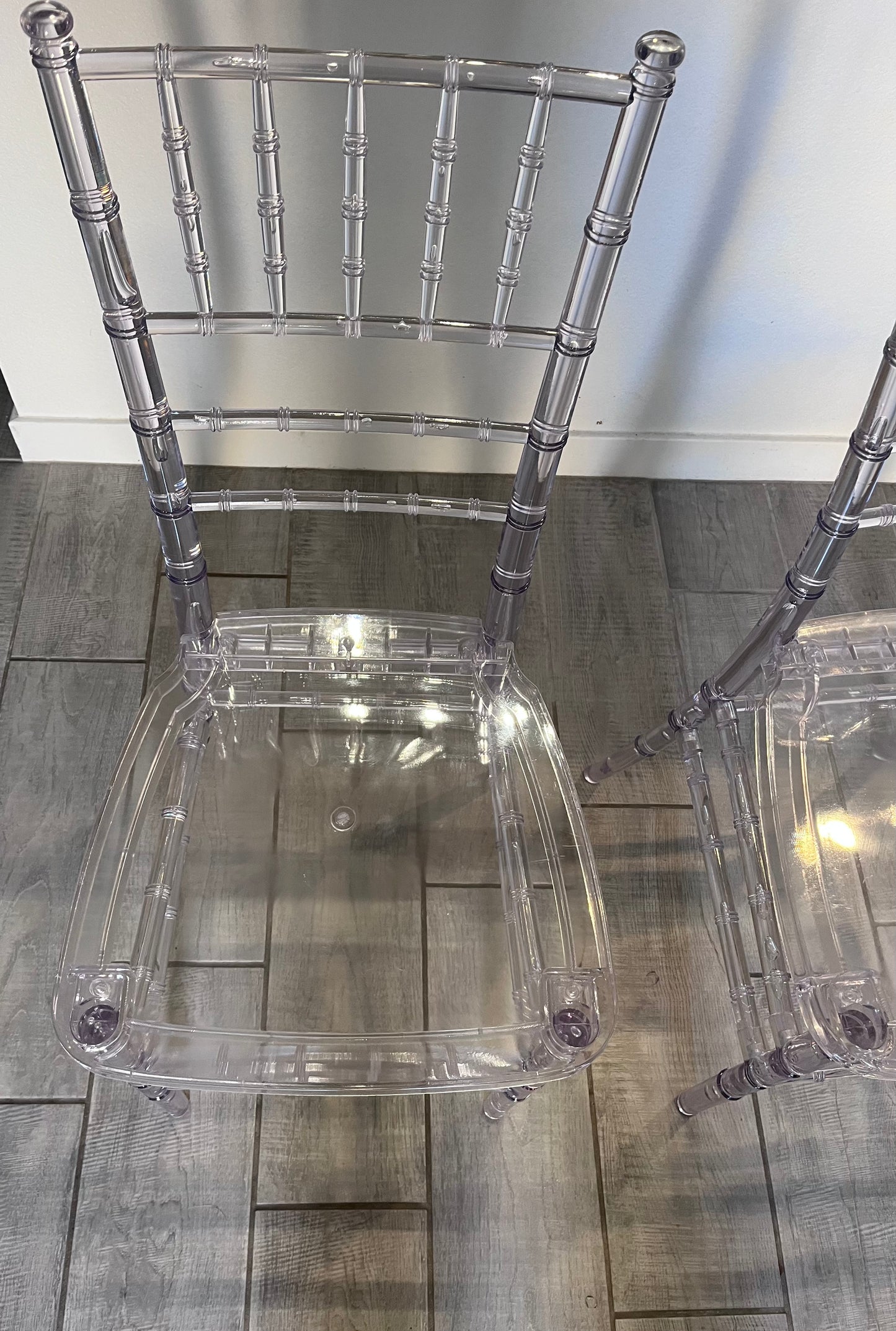Pre-Assembled New 2 Pack Flash Elegance Crystal Ice Scratch and Water Resistant Stacking Chiavari Chairs