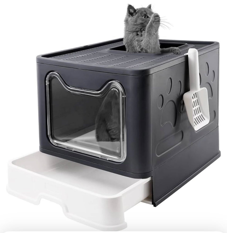 Bolux Foldable Cat Litter Box with Lid, Extra Large, Drawer Type Cat Litter Pan Easy to Scoop & Low Tracking (Dark Grey, 20" L x 16" W x 15" H)