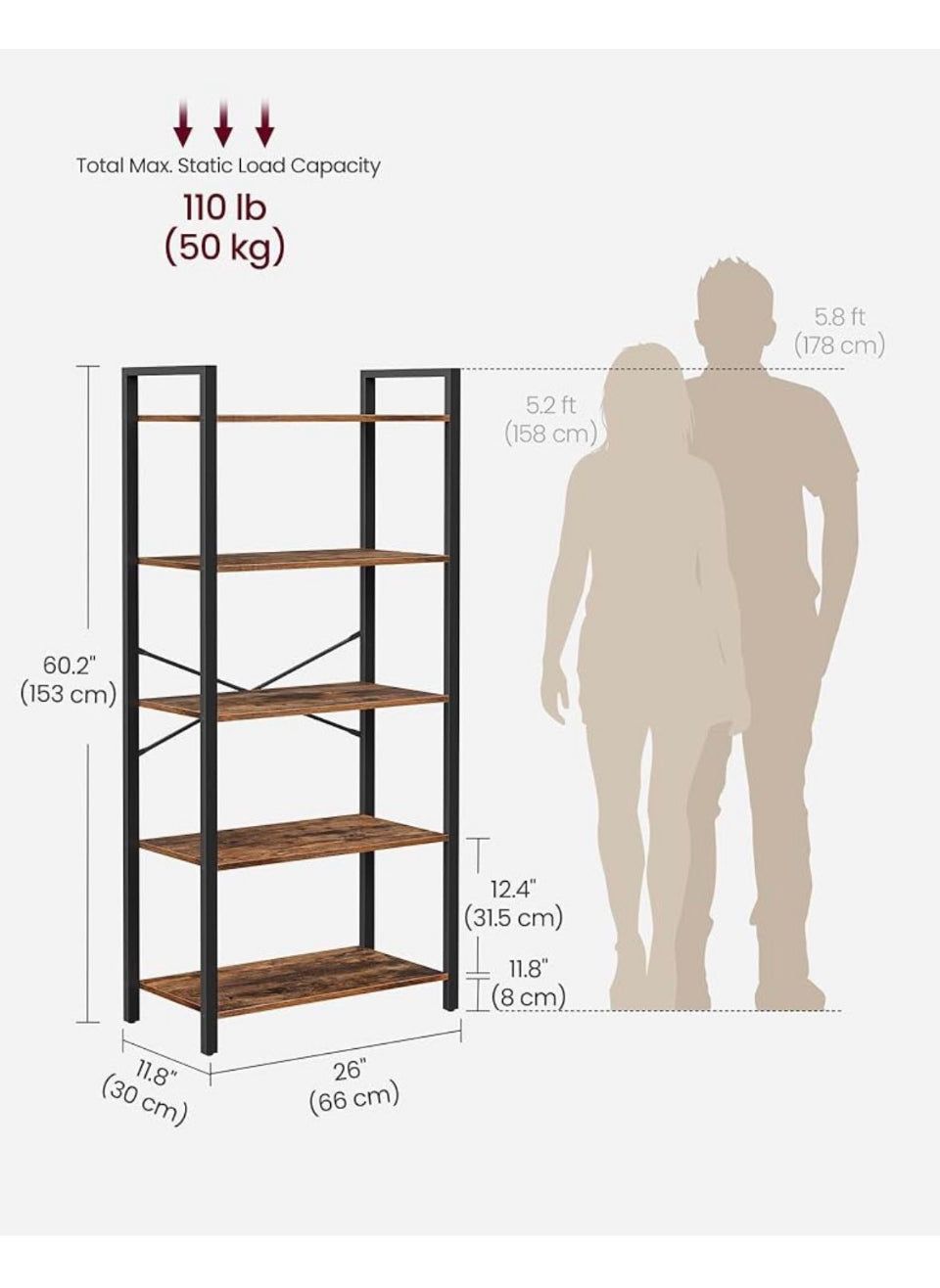 VASAGLE 5-Tier Bookshelf Industrial Style with Steel Frame, Rustic Brown and Ink Black, 11.8 x 26 x 60.2 Inches, ULLS061B01 Bookcase, Book Shelf, for Living Room, Home Office, Study