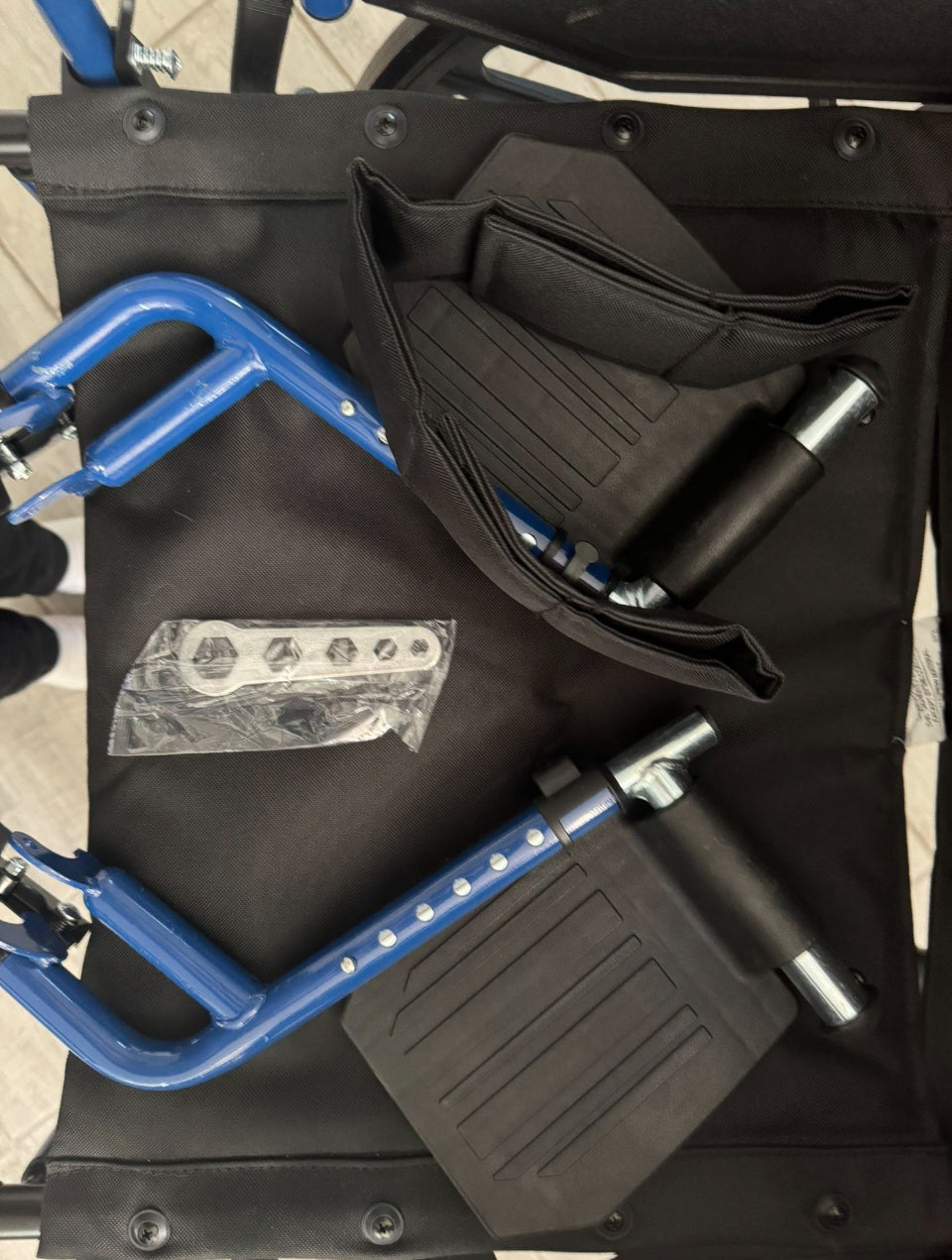 Open box new Drive Medical Blue Streak Wheelchair with Flip Back Desk Arms, Swing Away Footrests,FoldingDesk Length Arms, Alloy Steel, 20 Inch Seat