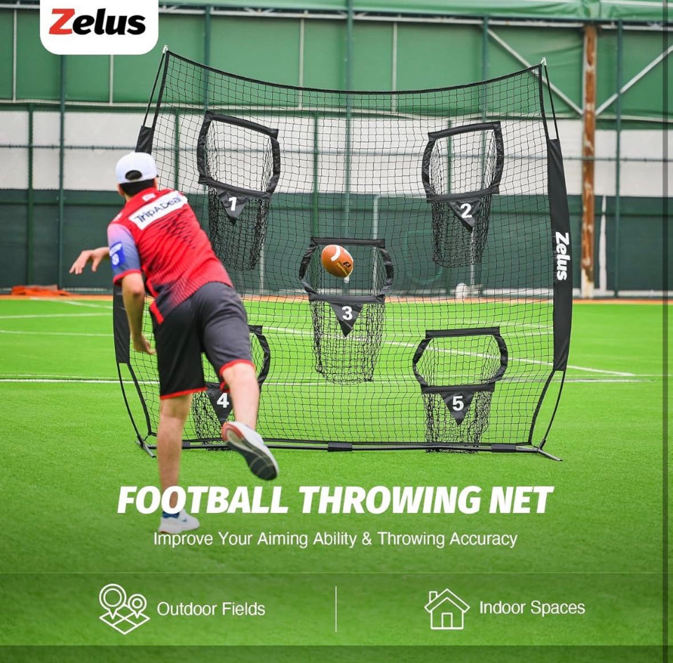 Open box ZELUS Football Throwing Net, Quarterback Training Equipment with 5 Target Pockets, Football Practice Throwing Passing Accuracy Trainer with C