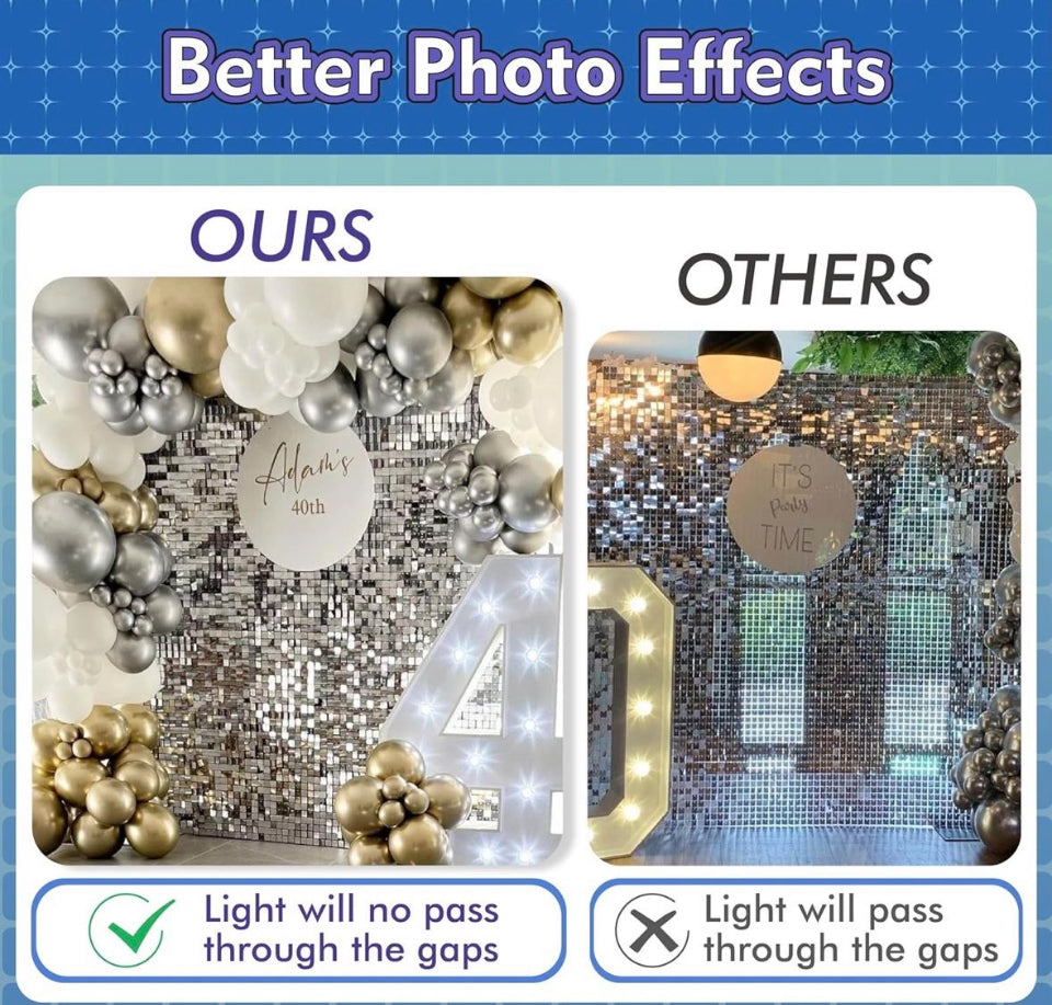 Open box QCITY Rainbow Blue Shimmer Wall Backdrop 30PCS, Black Back Not See-Through Design, Square Sequin Glitter Backdrop Panel, Perfect for Outdoor