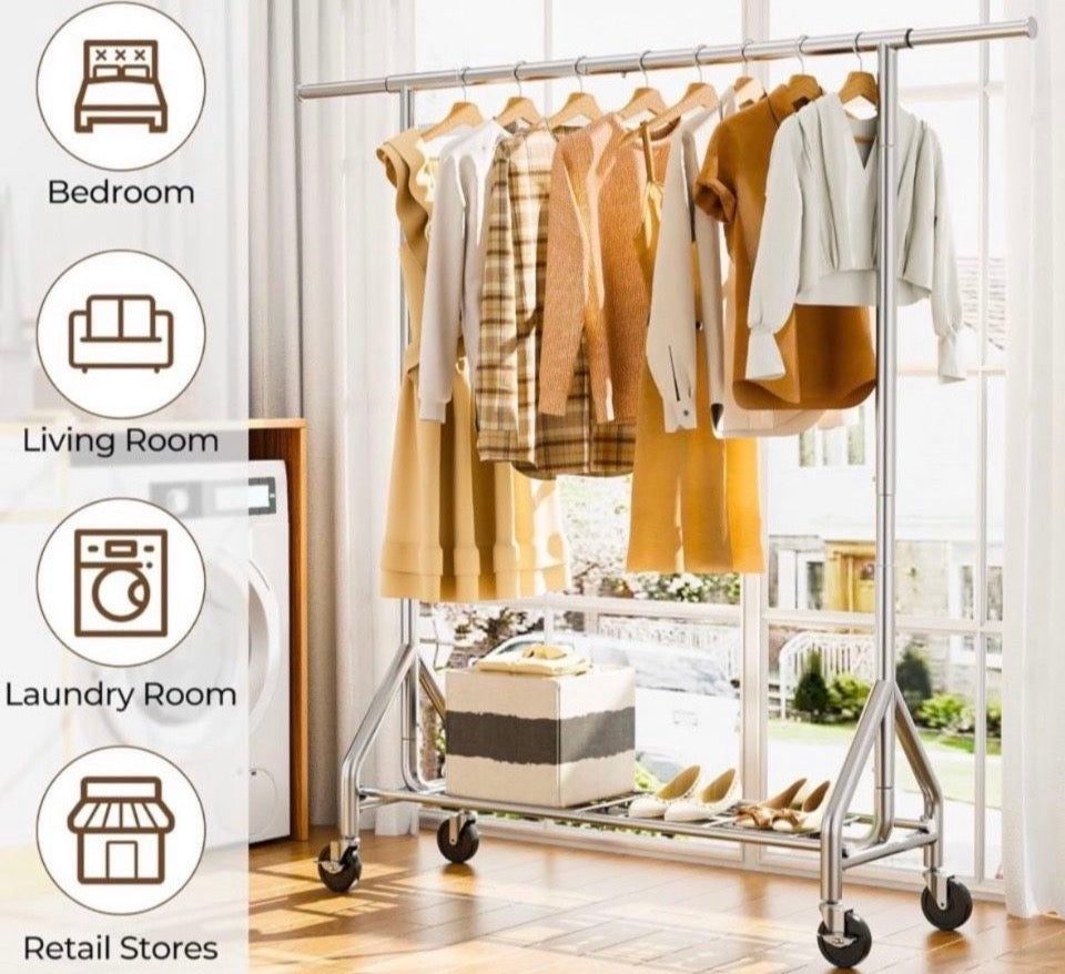 Open Box HYSEYY Heavy Duty Clothes Rack Load 450 LBS, Metal Garment Rack, Standing Rolling Clothing Rack for Hanging Clothes with Sturdy Wheels & Shel
