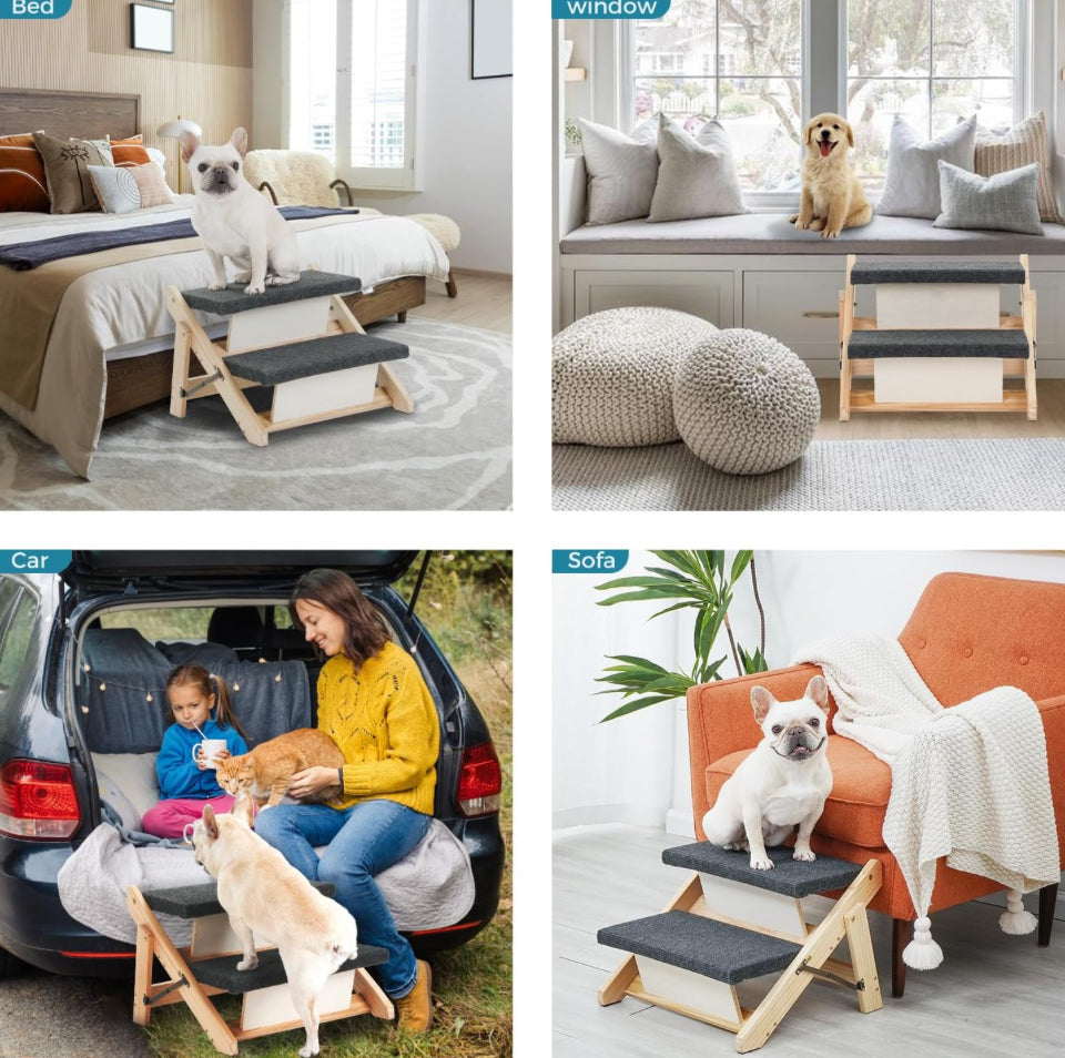 MEWANG Wood Pet Stairs/Pet Steps - Foldable 2 Levels Dog Stairs & Ramp Perfect for Beds and Cars - Portable Dog/Cat Ladder Up to 110 Pounds