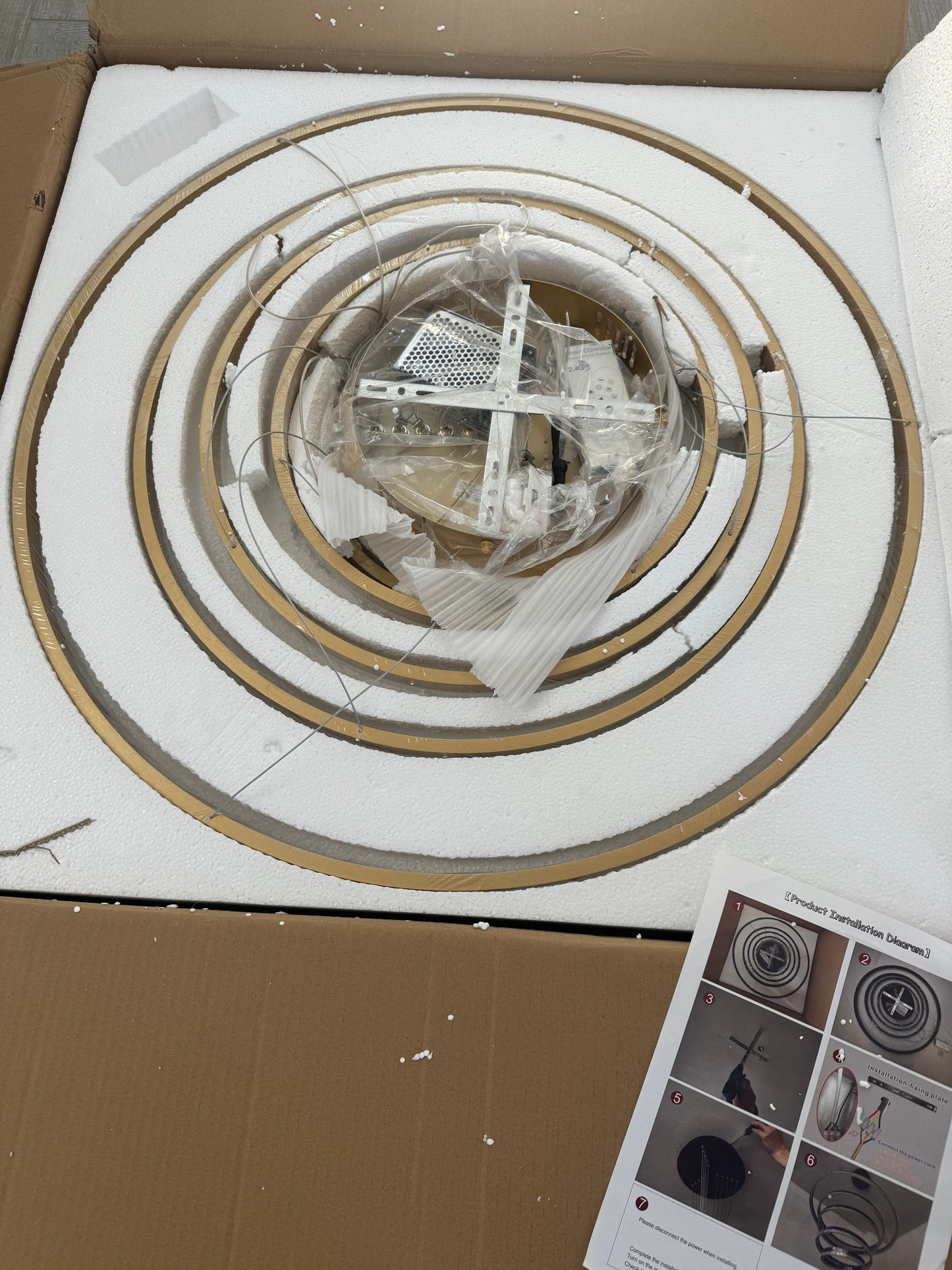 Modern Gold Chandelier 5 Rings Chandelier Dimmable Modern LED Pendant Light, LED Chandelier Lighting Fixture Height Adjustable Ceiling Hanging Modern