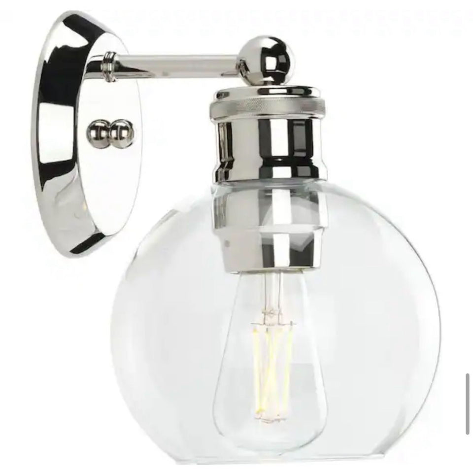 Open box Progress Lighting Hansford Collection 1-Light Polished Nickel Clear Glass Coastal Farmhouse Bathroom Vanity Wall Light