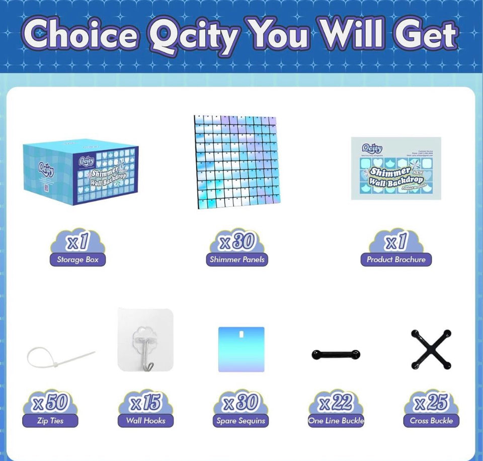 Open box QCITY Rainbow Blue Shimmer Wall Backdrop 30PCS, Black Back Not See-Through Design, Square Sequin Glitter Backdrop Panel, Perfect for Outdoor