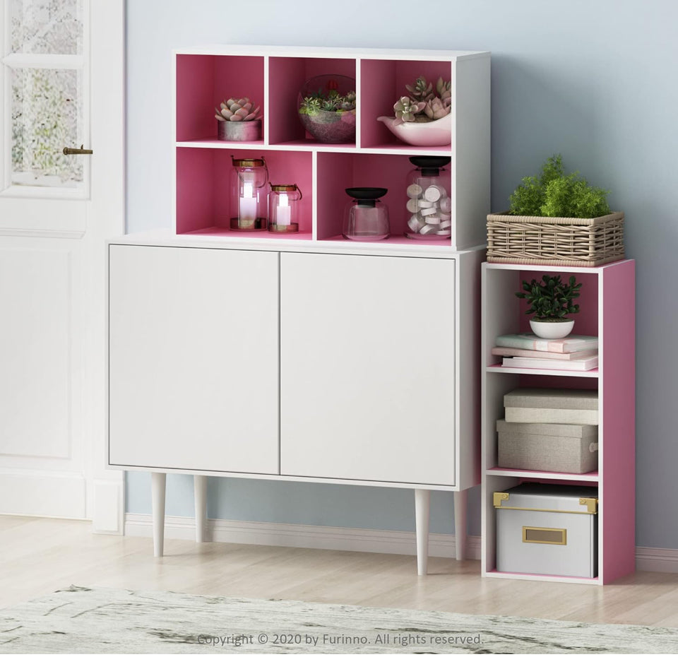 Open Box Furinno Luder Bookcase / Book / Storage , 5-Cube, White and pink