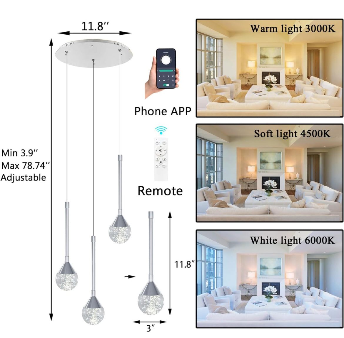 HAIXIANG Mini Chandeliers 3-Lights Modern Chrome Light Pendant Lights - Selzalot
