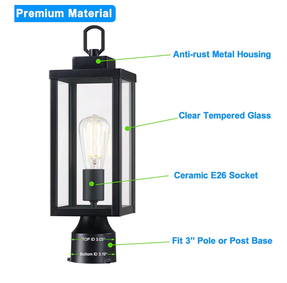 Open Box New YAOKUEM Outdoor Post Light, Pole Lantern, E26 Base 60W Max, Metal Housing Plus Glass, Wet Location Rated, Bulbs not Included, Matte Black
