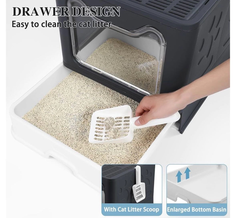 Bolux Foldable Cat Litter Box with Lid, Extra Large, Drawer Type Cat Litter Pan Easy to Scoop & Low Tracking (Dark Grey, 20" L x 16" W x 15" H)
