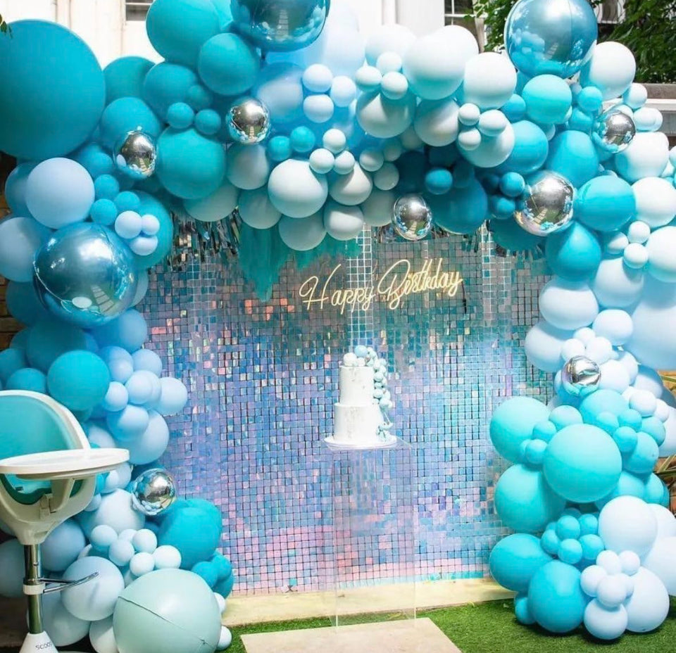 Open box QCITY Rainbow Blue Shimmer Wall Backdrop 30PCS, Black Back Not See-Through Design, Square Sequin Glitter Backdrop Panel, Perfect for Outdoor