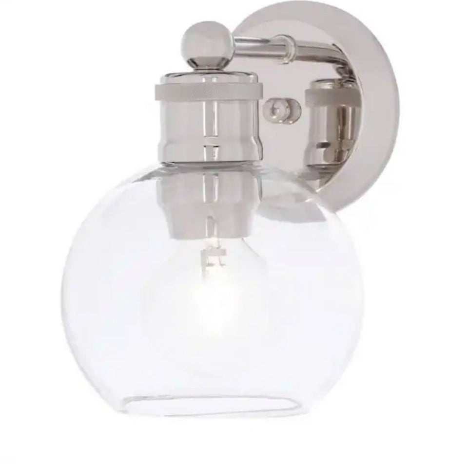 Progress Lighting Hansford Collection 1-light polished nickel coastal farmhouse bathroom vanity wall light with clear glass shade