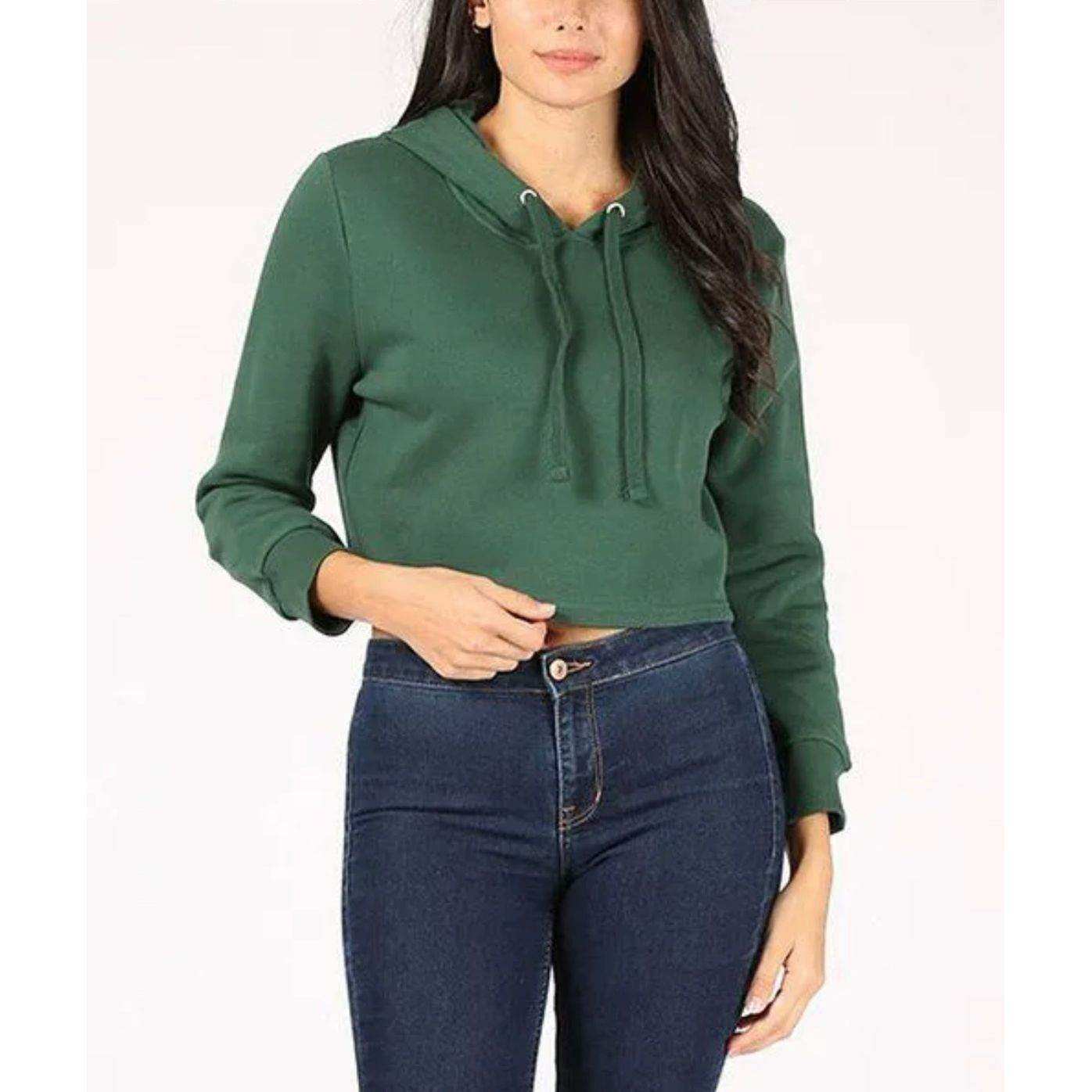 Rosio USA green drawstring cropped hoodie worn with blue jeans on female model