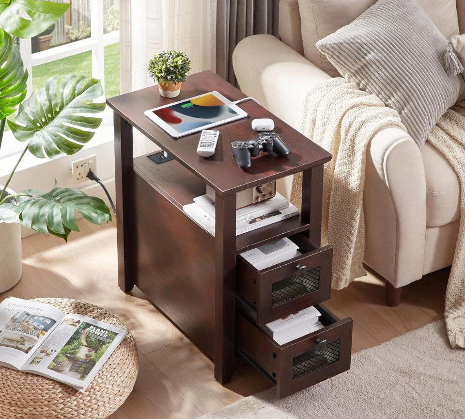 Farmhouse XXL End Table with Charging Station, Narrow Side Table with USB Ports and Outlets, Nightstand with 2 Drawers Storage, Bedside Tables - Selzalot