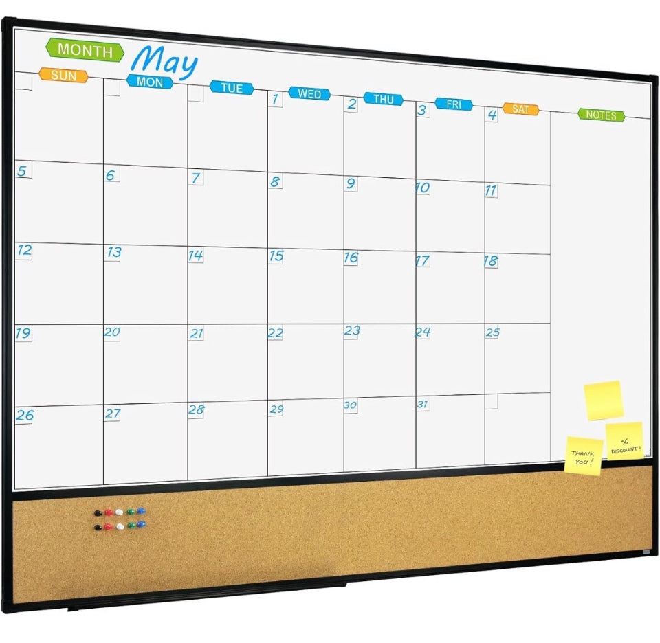 JILoffice Magnetic Calendar Whiteboard & Bulletin Corkboard Combination, Combo Board 48 × 36 Inch, Black Aluminum Frame Wall Mounted Board for Office Home and School with 10 Push Pins
