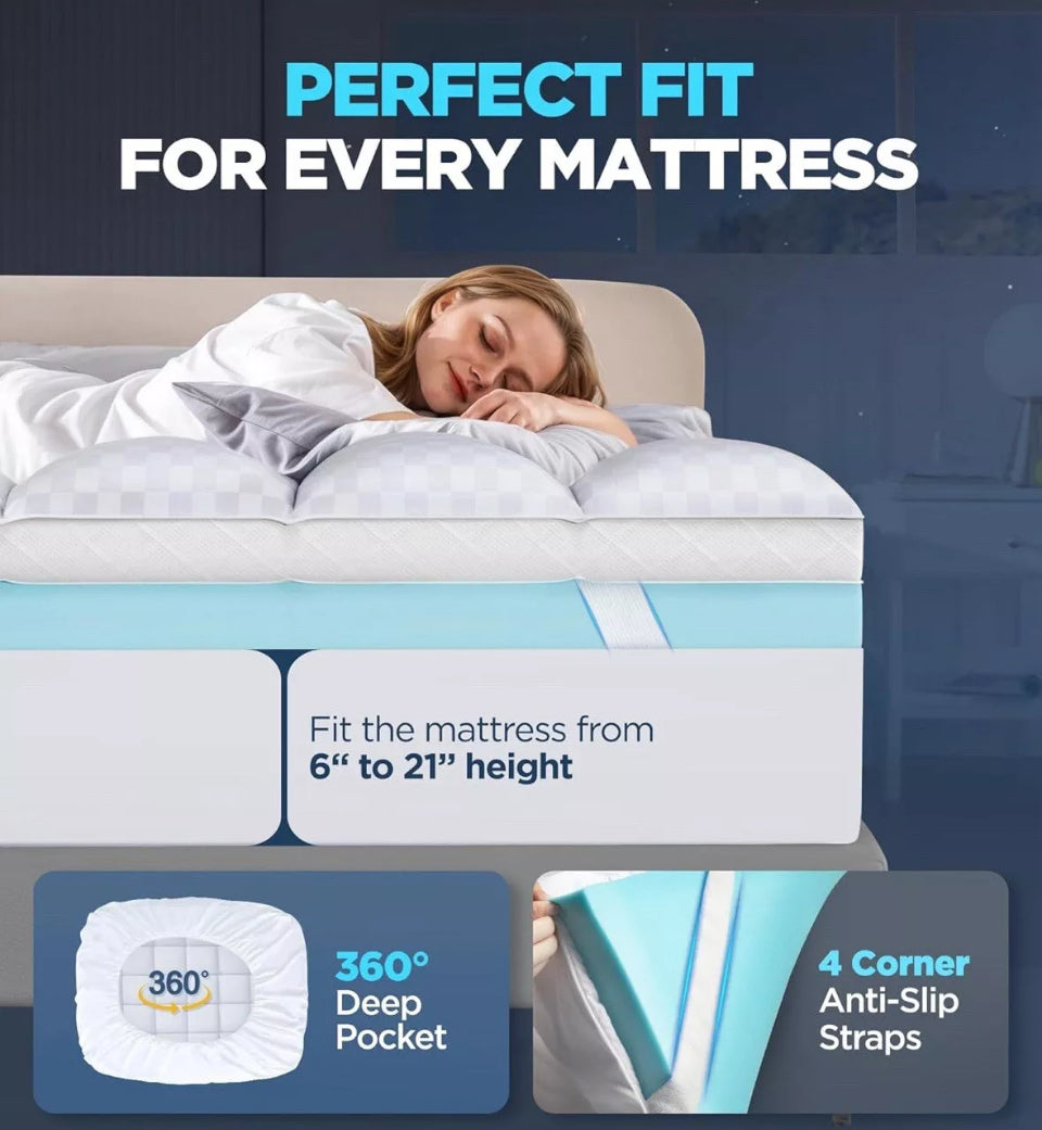 Open Box Dual Layer Memory Foam Mattress Topper for Pain Relief with 2X Support, 2" Fluffy Pillow Top Queen Mattress Topper Plus 2" Odor-Free Cooling