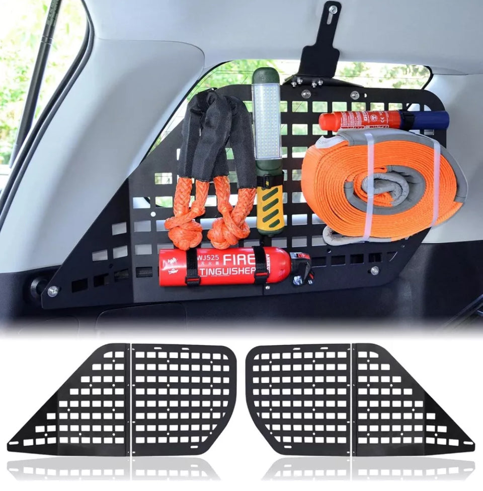 Modular Storage Panel System for Toyota 4Runner 2010-2020 with Molle panel, accessories, and fastening tape, rear window setup.