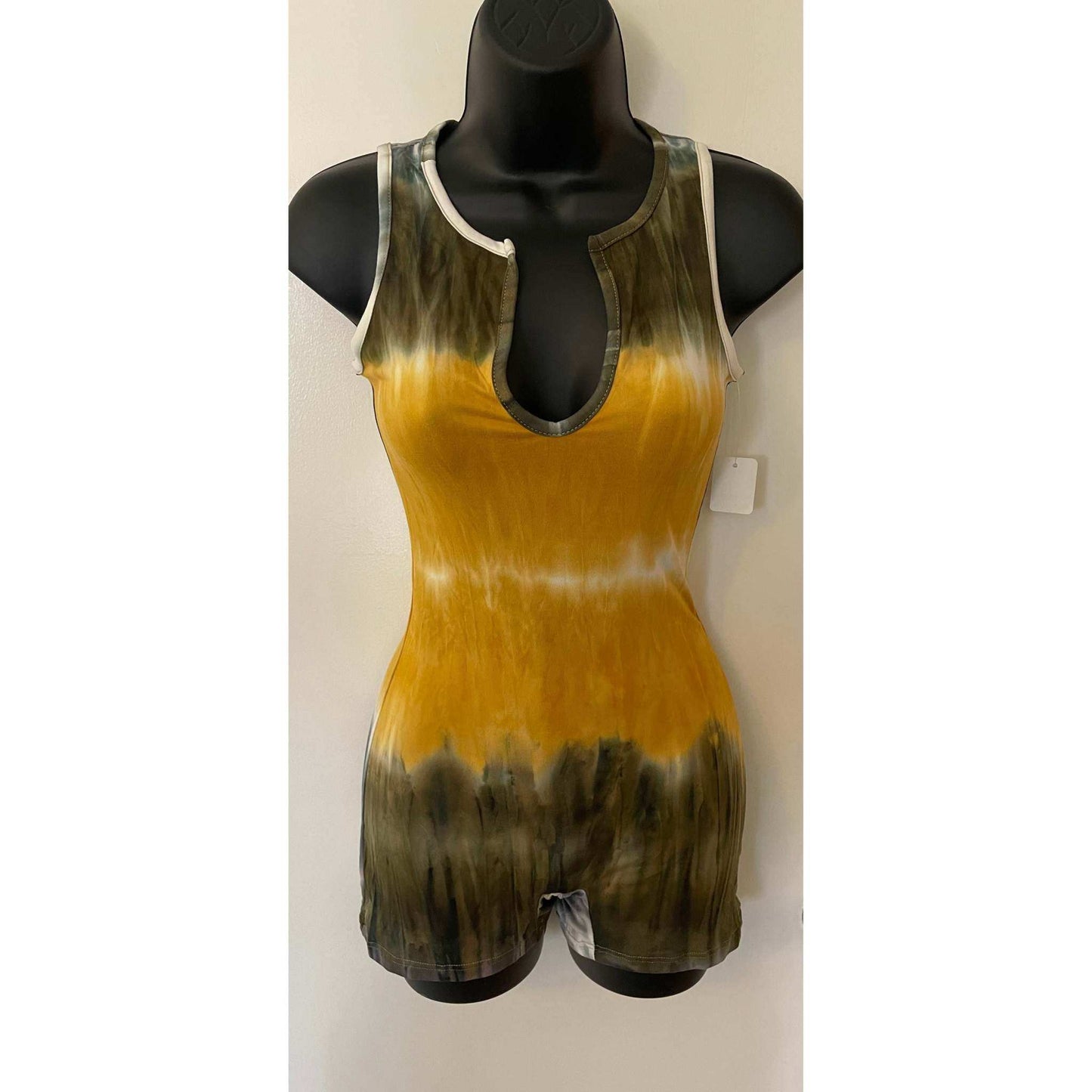 Dodo Romper One Piece in mustard and army green tie-dye with sleeveless design and front notch neckline