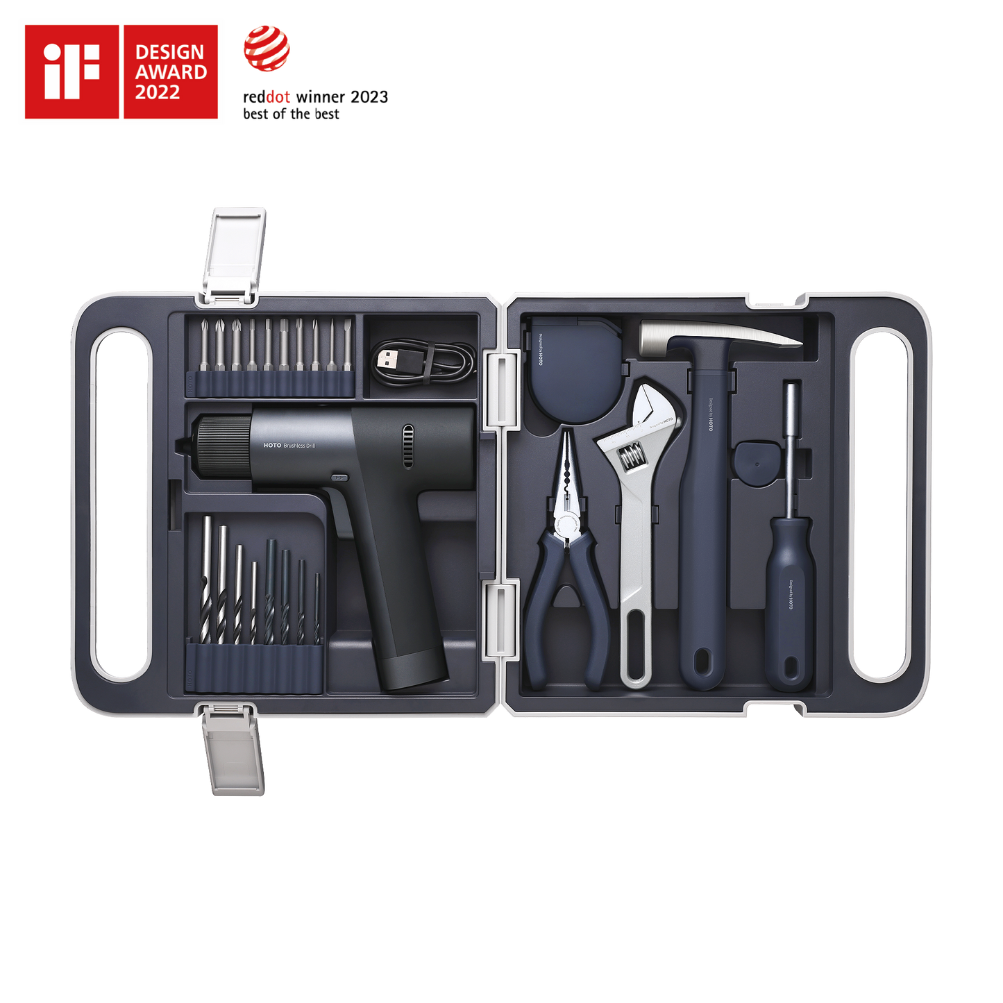 12V brushless drill tool set with compact cordless drill, drill bits, pliers, hammer, adjustable wrench, screwdriver, and USB charger in portable case
