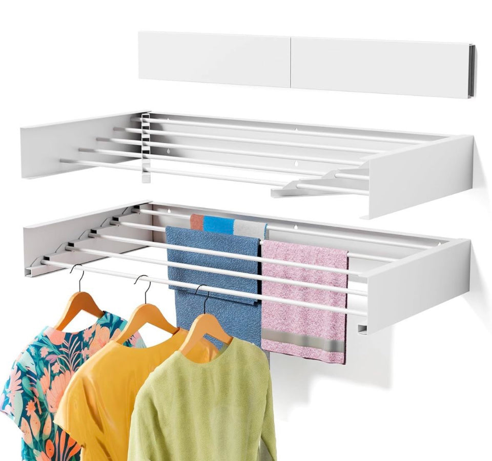 Open box ZMBESUP Laundry Drying Rack Collapsible, Wall Mounted, Clothes Drying Rack, 31.5" Wide, 13.2 Linear Ft, 5 Aluminum Rods, 60 lb Capacity, Laun