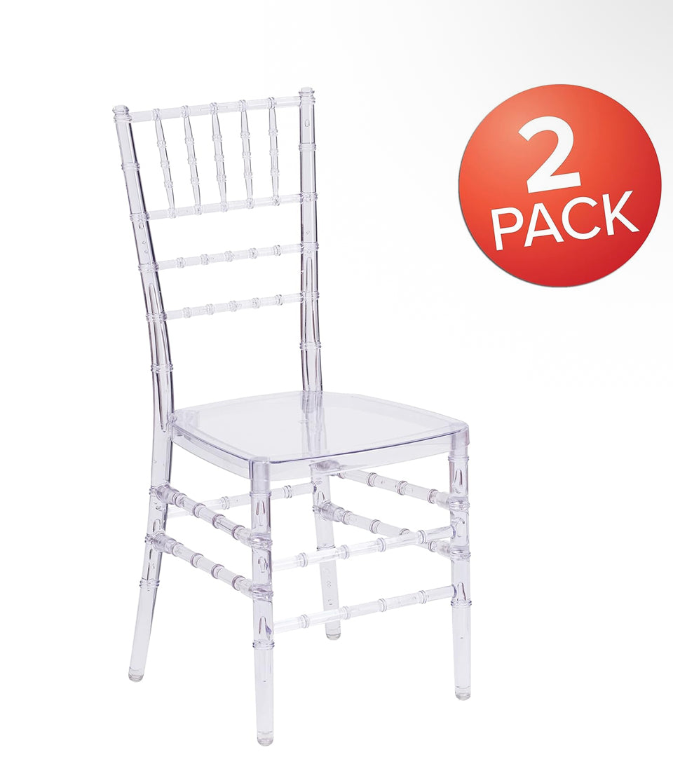 Pre-Assembled New 2 Pack Flash Elegance Crystal Ice Scratch and Water Resistant Stacking Chiavari Chairs