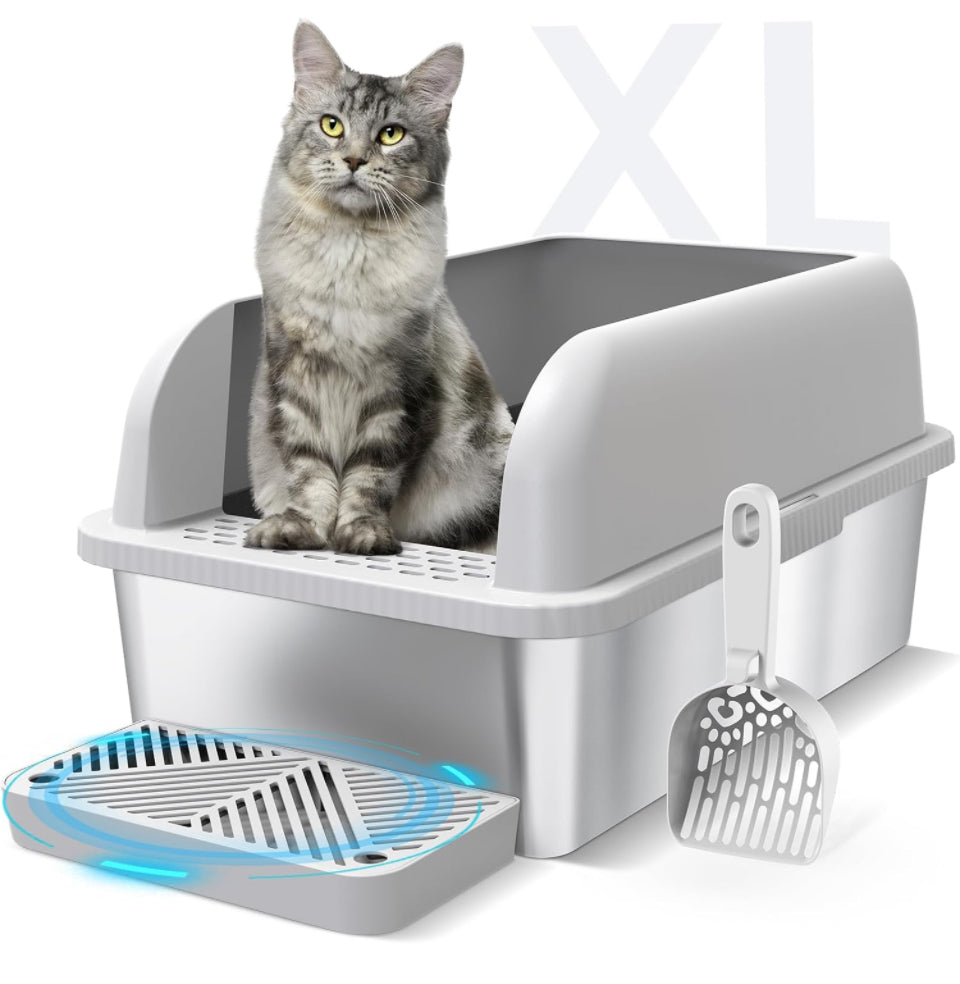 Big cats XL metal litter pan tray with high walls, stainless steel, non-sticky, anti-leakage design.