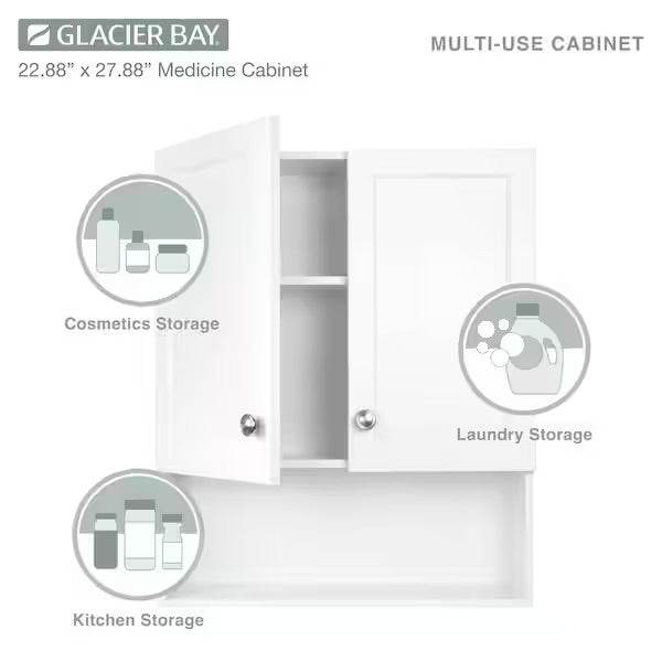 Open Box Glacier Bay 22-7/8 in. W. x 27-7/8 in. H Framed Surface-Mount Rectangular Bathroom Medicine Cabinet with Mirror, White