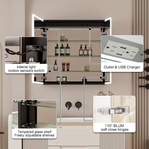 Open Box FORCLOVER 30 in. W x 30 in. H Rectangular Black Aluminum Recessed/Surface Mount LED Medicine Cabinet with Mirror,Outlet,Soft Close