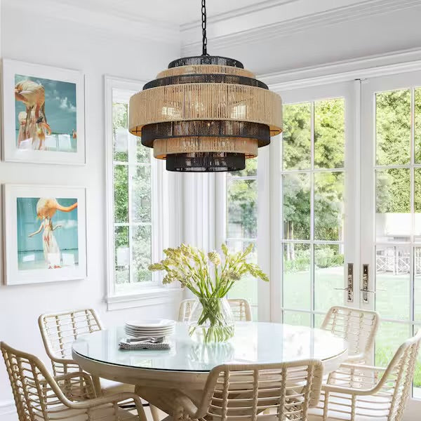Open Box Prime Ray Luster Boho 24 in. 6-Light 7-Tier Hand Woven Rattan Pendant Chandelier Light with Large Shade and Black Finish