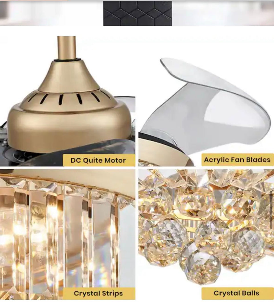 Open box ANTOINE 36 in. Integrated LED Indoor Gold Crystal Chandelier Retractable Blades Ceiling Fan with Light and Remote