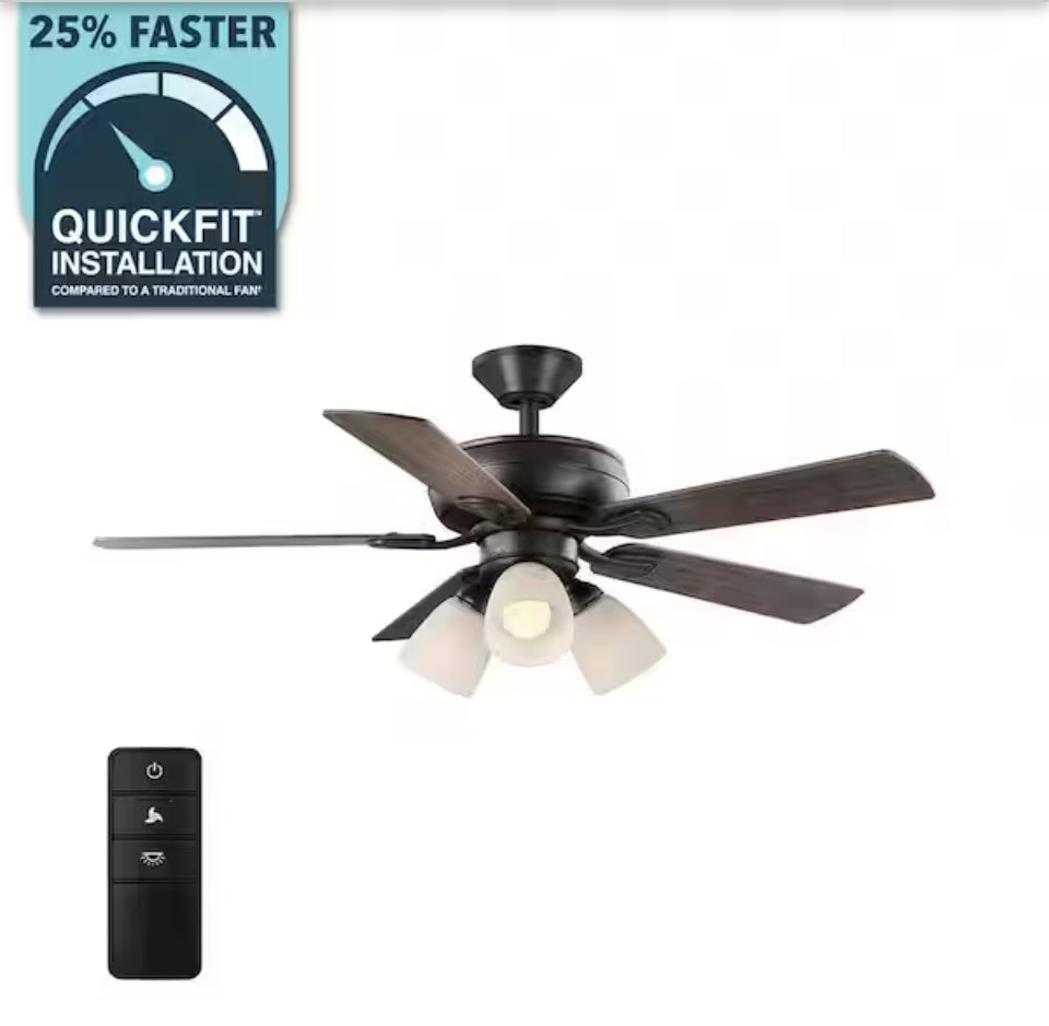Open Box Hampton Bay Riley 44 in. Indoor LED Bronze Dry Rated Downrod Ceiling Fan with 5 Reversible Blades, Light Kit and Remote Control