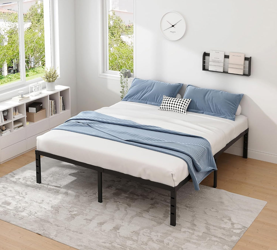 JETO Metal Bed Frame,King Size Bed Frame with Storage Space,Heavy Duty Sturdy Mattress Foundation,Easy Assembly,No Box Spring Needed, Black,14 Inch,King
