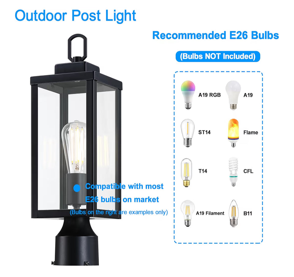 Open Box New YAOKUEM Outdoor Post Light, Pole Lantern, E26 Base 60W Max, Metal Housing Plus Glass, Wet Location Rated, Bulbs not Included, Matte Black