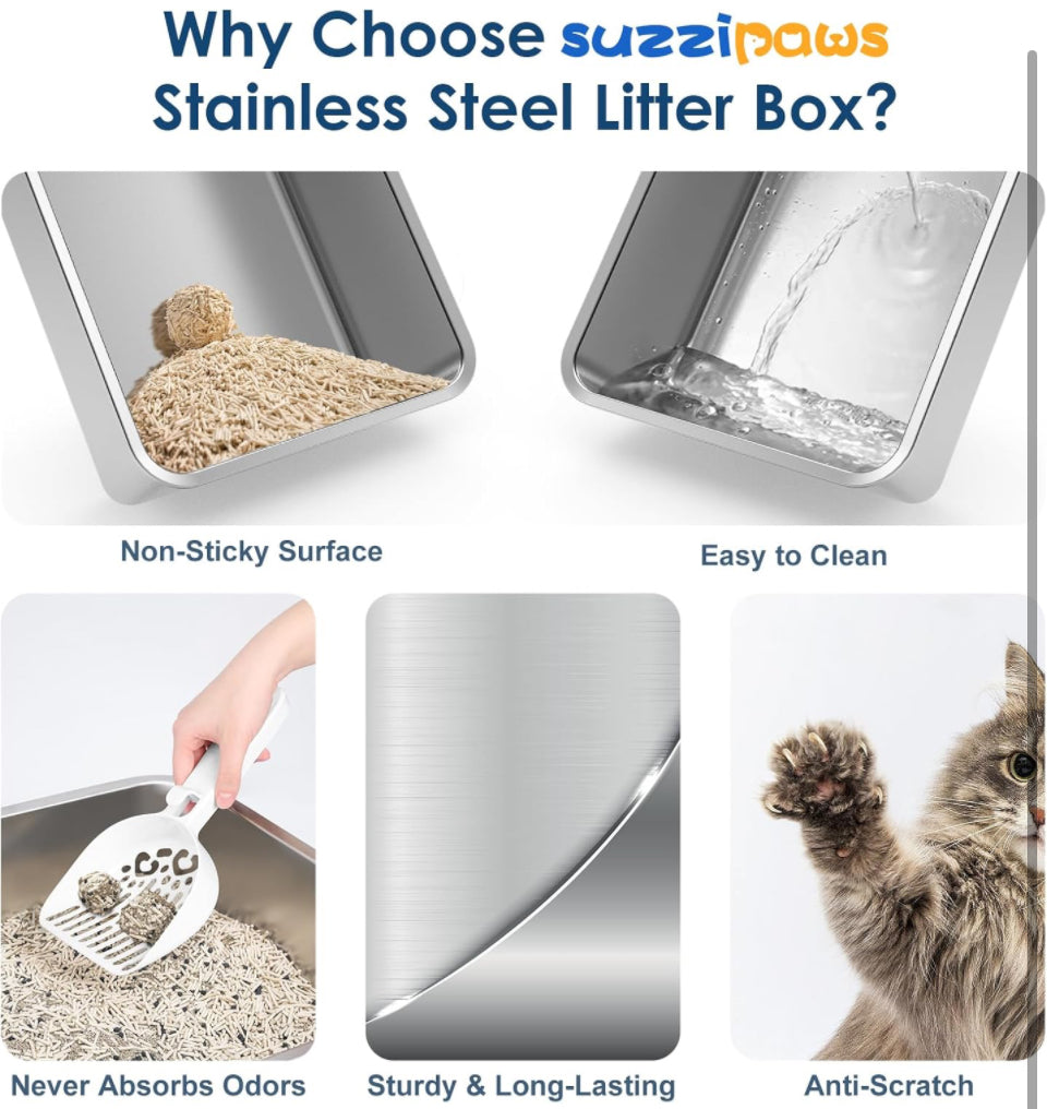Suzzipaws Enclosed Stainless Steel Cat Litter Box with Lid Extra Large Litter Box for Big Cats XL Metal Litter Pan Tray with High Wall Sides Enclosure - Selzalot