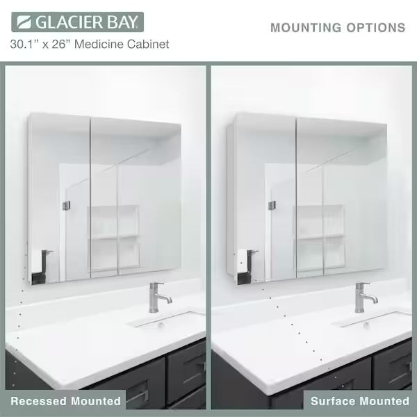 Open Box Glacier Bay 30 in. W x 26 in. H Rectangular Wood Composite Medicine Cabinet with Mirror
