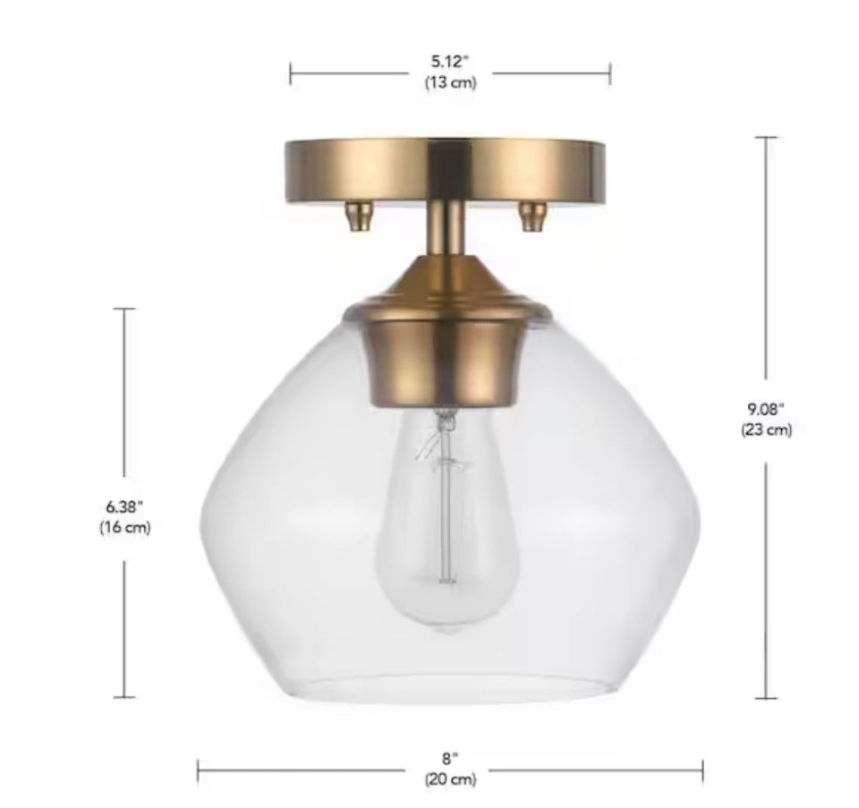 OPEN BOX NEW Globe Electric Harrow 8 in. 1-Light Matte Brass Semi-Flush Mount Ceiling Light with Clear Glass Shade