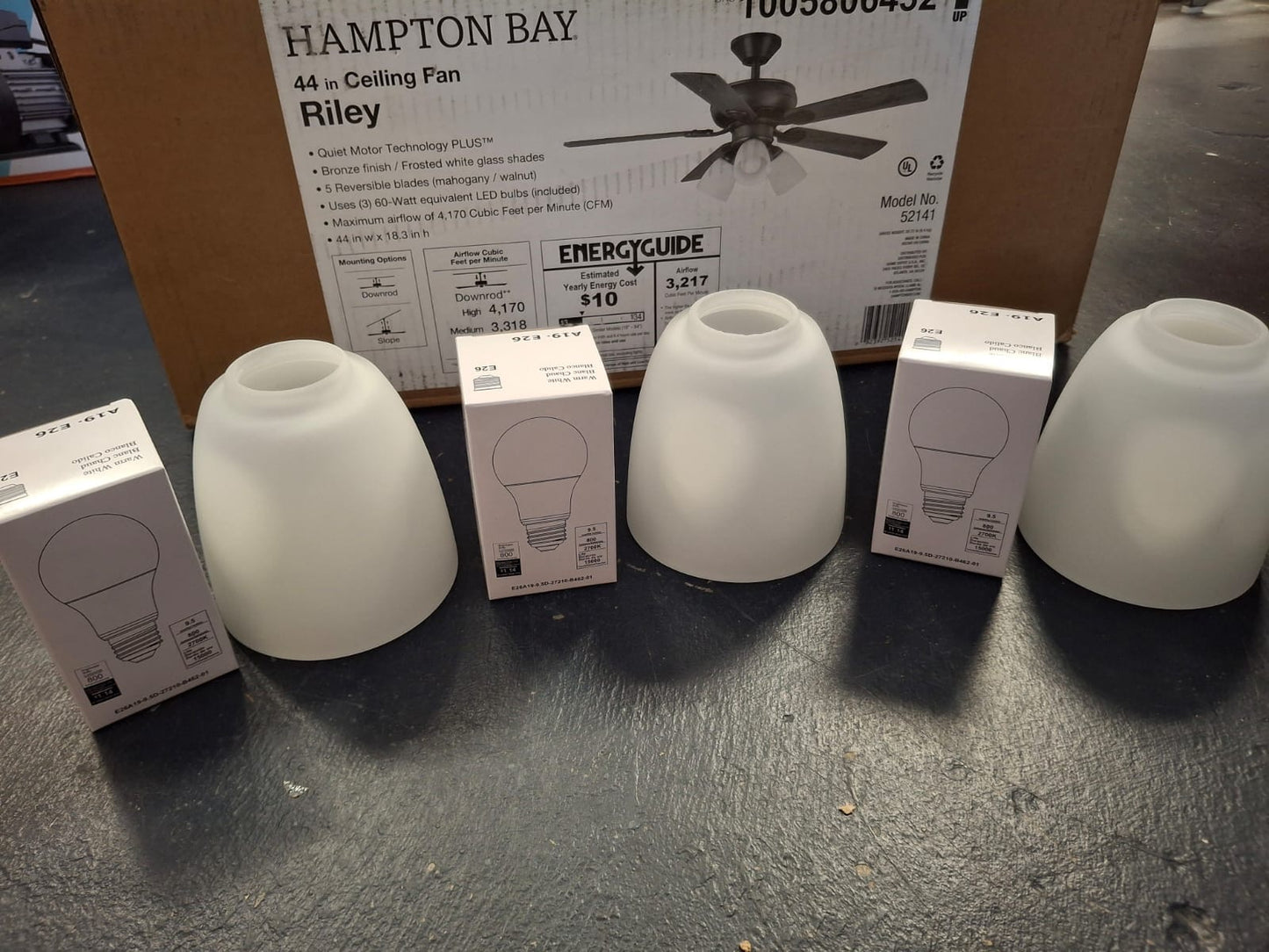 Open Box Hampton Bay Riley 44 in. Indoor LED Bronze Dry Rated Downrod Ceiling Fan with 5 Reversible Blades, Light Kit and Remote Control
