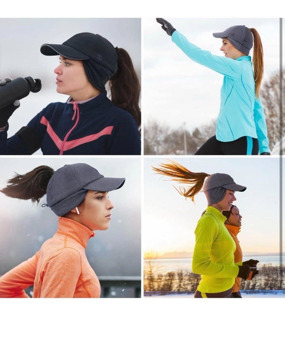 GADIEMKENSD Women's Fleece Ponytail Hat - Reflective Winter Hat with Flip Down Ear Warmer, Vertical Ponytail Hole, Adjustable