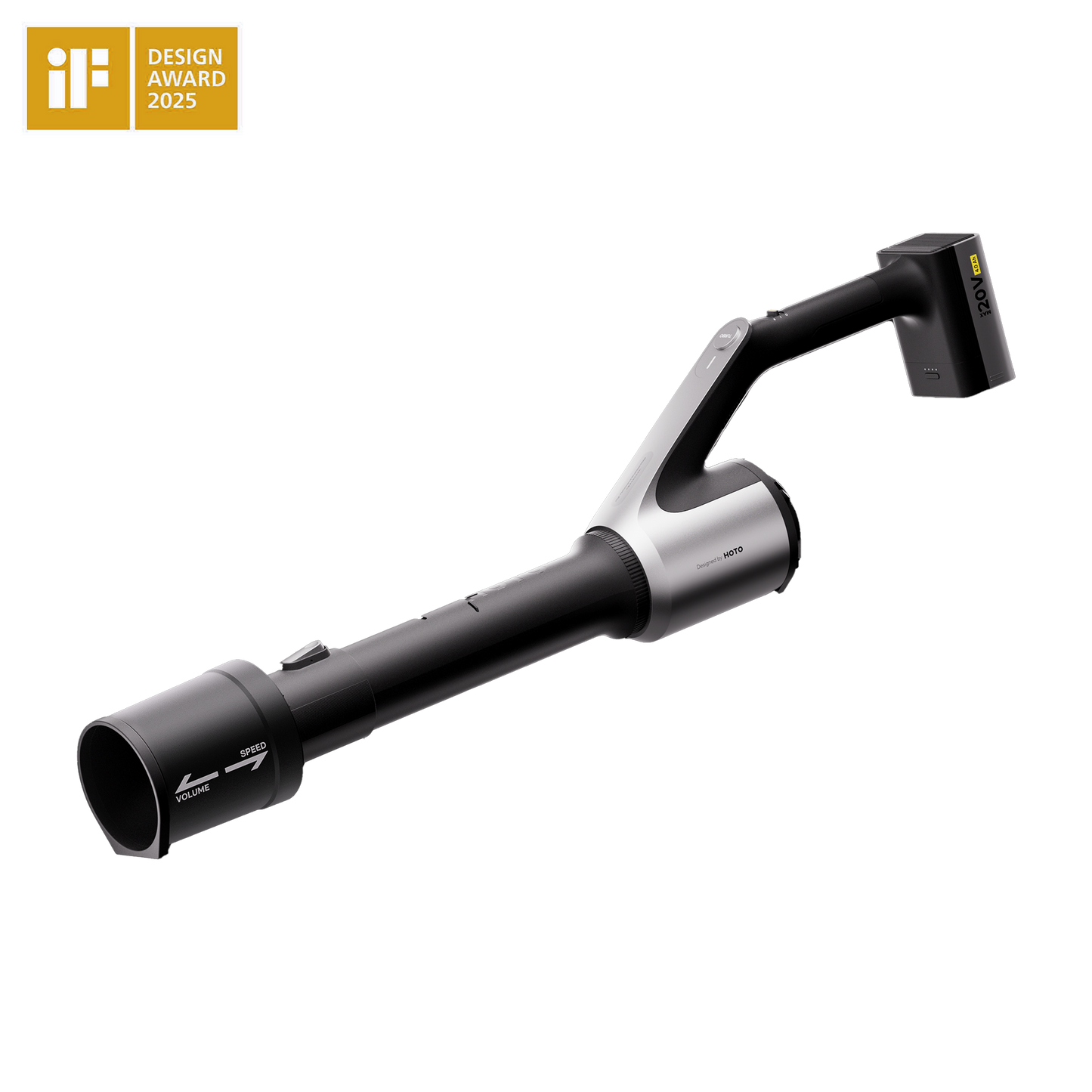 HOTO 20V cordless leaf blower with lightweight, ergonomic one-handed design, variable speed dial, retractable siphon tube, and rechargeable 20V battery for outdoor lawn care.