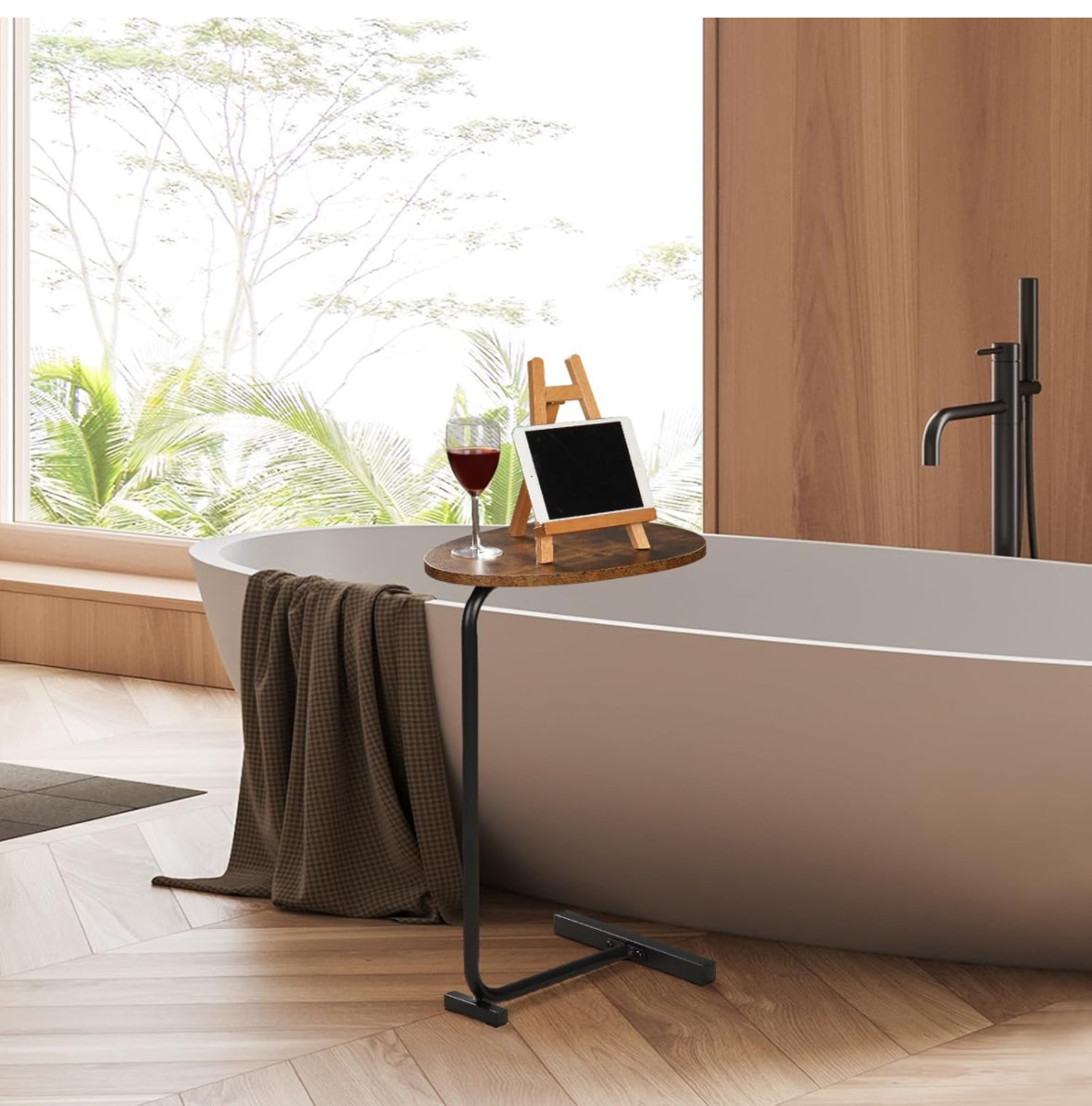 C-Shaped End Table, Round Couch Table for Living Room, Side Table for Bedroom, C Table with Metal Frame for Couch, Sofa, Bedside and Tv Tray, Rustic B