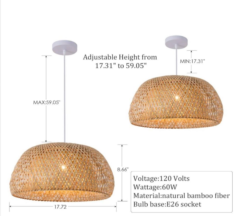 Teru Ji Kaikang Hand Woven Bamboo Pendant Light, 17.7"Bamboo Rattan Ceiling Hanging Light, for Living Room Kitchen Dining Room Farmhouse - Selzalot