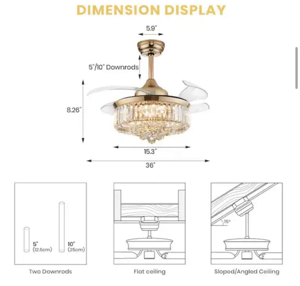 Open box ANTOINE 36 in. Integrated LED Indoor Gold Crystal Chandelier Retractable Blades Ceiling Fan with Light and Remote