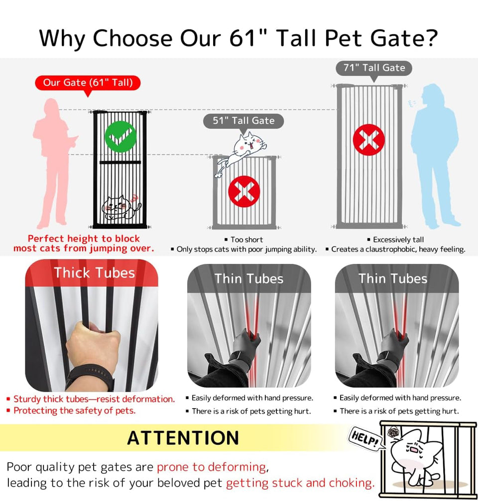 Open Box "Lumizone Extra Tall Cat Gate 61.02"" High Pressure Mounted Extra Wide 30.12""-34.05"" (17Sizes) 1.37"" Gap No Drilling Auto-Close Tall Pet G