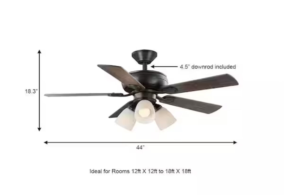Open Box Hampton Bay Riley 44 in. Indoor LED Bronze Dry Rated Downrod Ceiling Fan with 5 Reversible Blades, Light Kit and Remote Control
