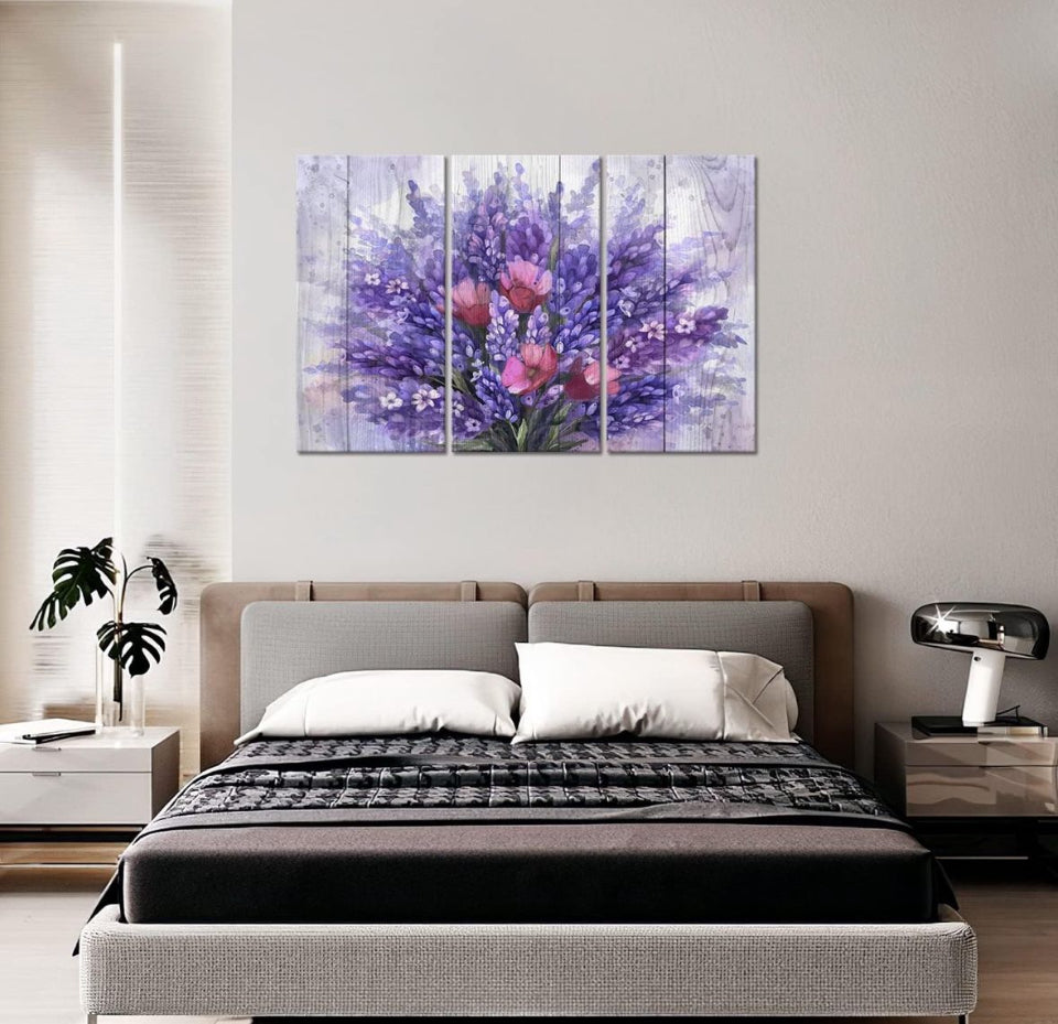 Open Box New Flower Wall Art,3 Piece Purple Lavender on the Wood Grain Background Canvas Print Nature Lilac Wall Art for Living Room Bedroom Wall Pain