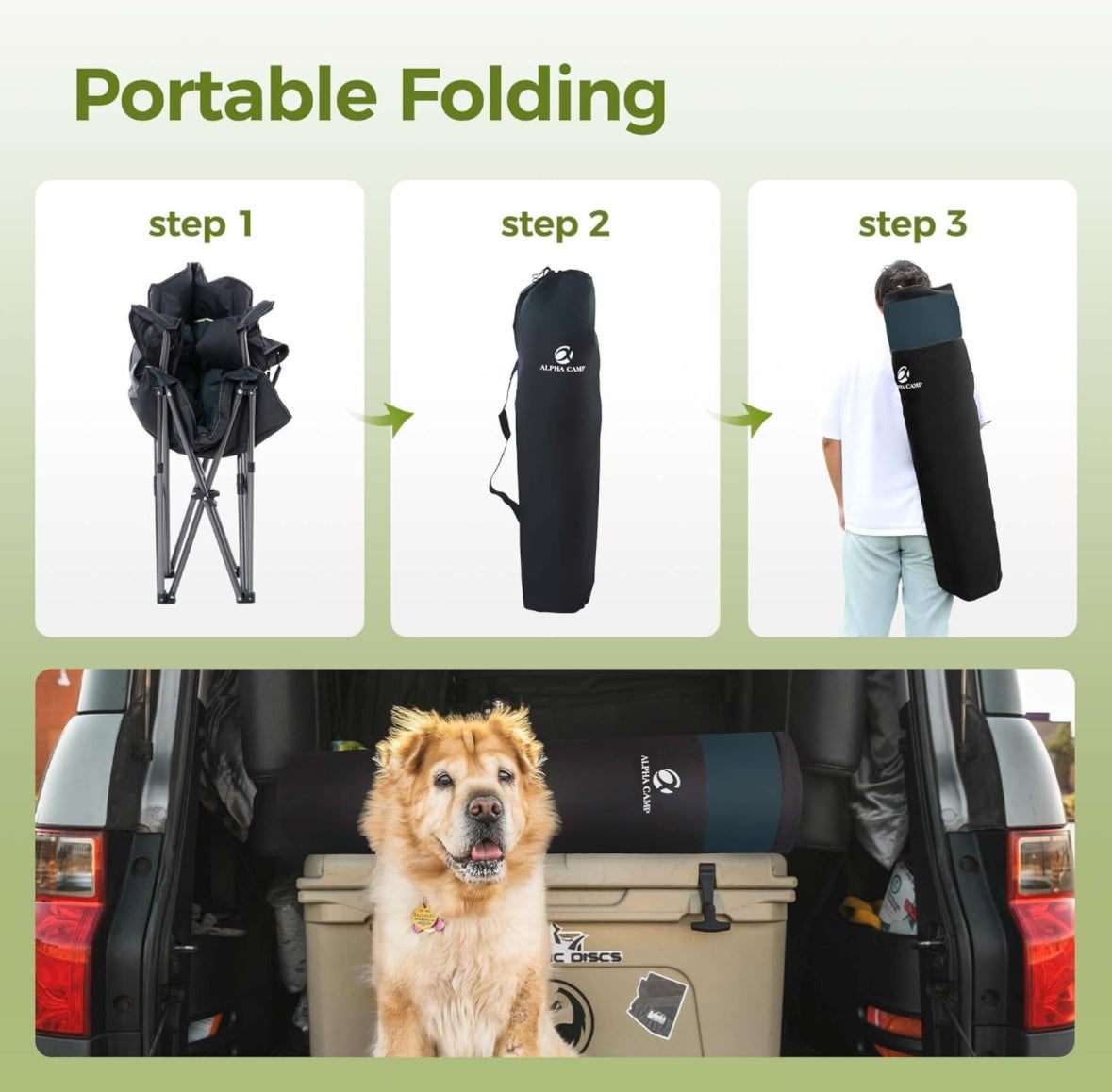 ALPHA CAMP Oversized Heavy Duty Lawn Chair with Cooler Bag Support 450 LBS Steel Frame Camping Folding Collapsible Padded Quad Lumbar Back Arm Chair f