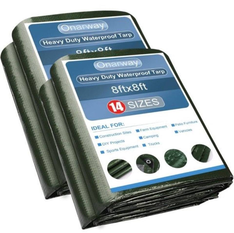 Brand New Onarway Poly Tarps Waterproof for Outdoor: Green Tarpaulin 6Mil Thicken 8x8 Ft 2Packs- Anti-UV Waterproof Tarp Cover with Grommets Multipurp